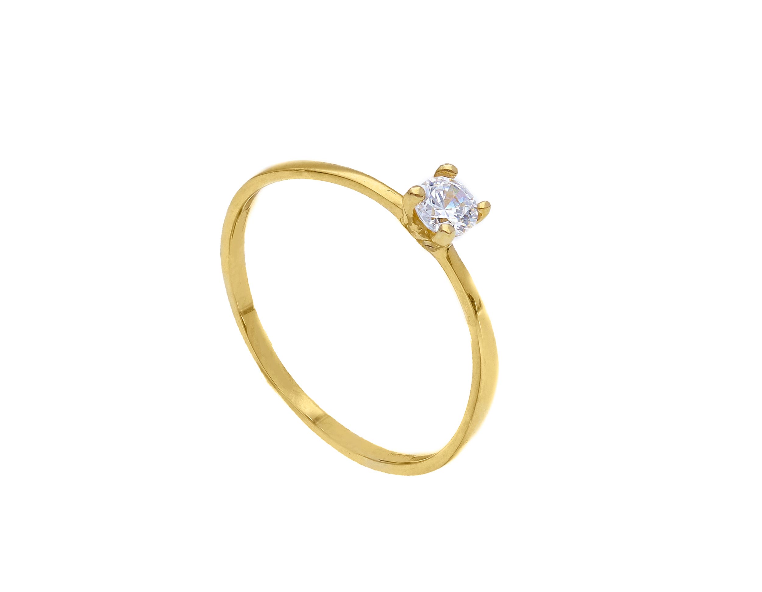 Single stone k14 gold ring with slim module and zirkon on four teeth bezel (S253256)